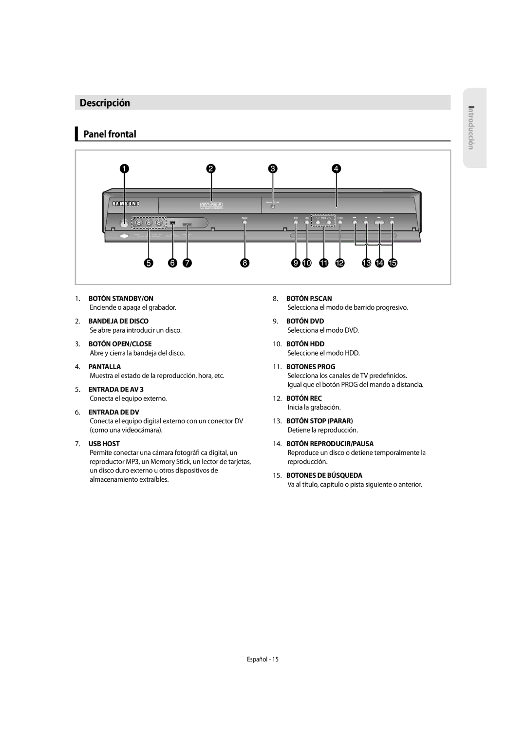 Samsung DVD-SH855/XEC manual Descripción, Panel frontal 