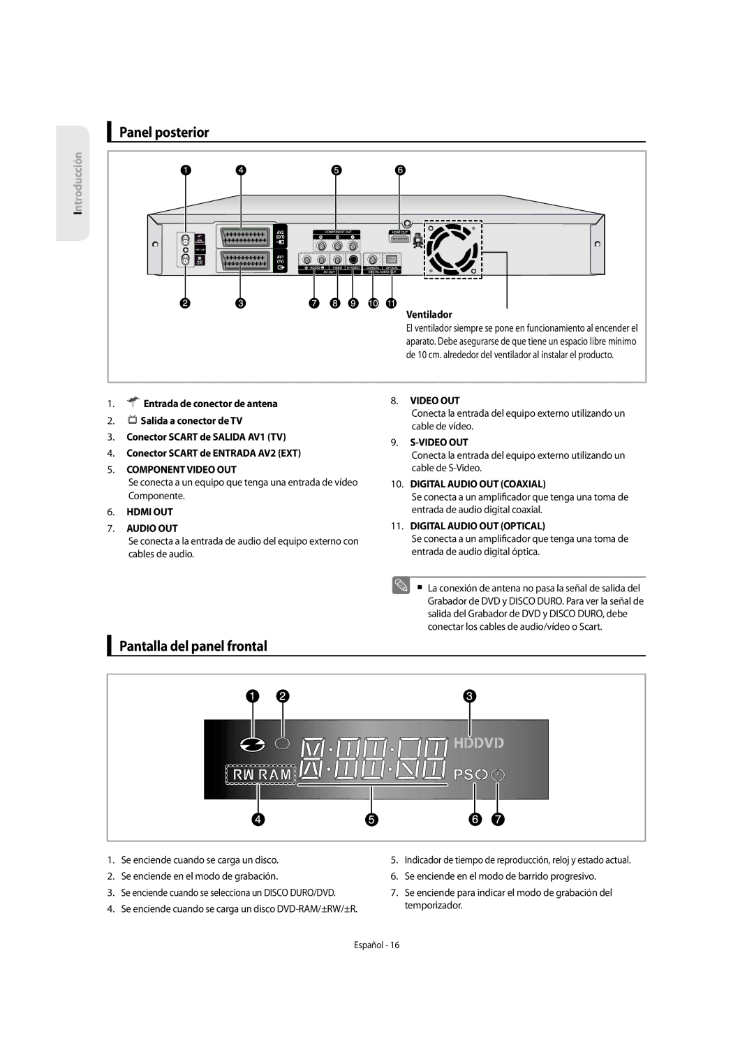 Samsung DVD-SH855/XEC manual Panel posterior, Pantalla del panel frontal 