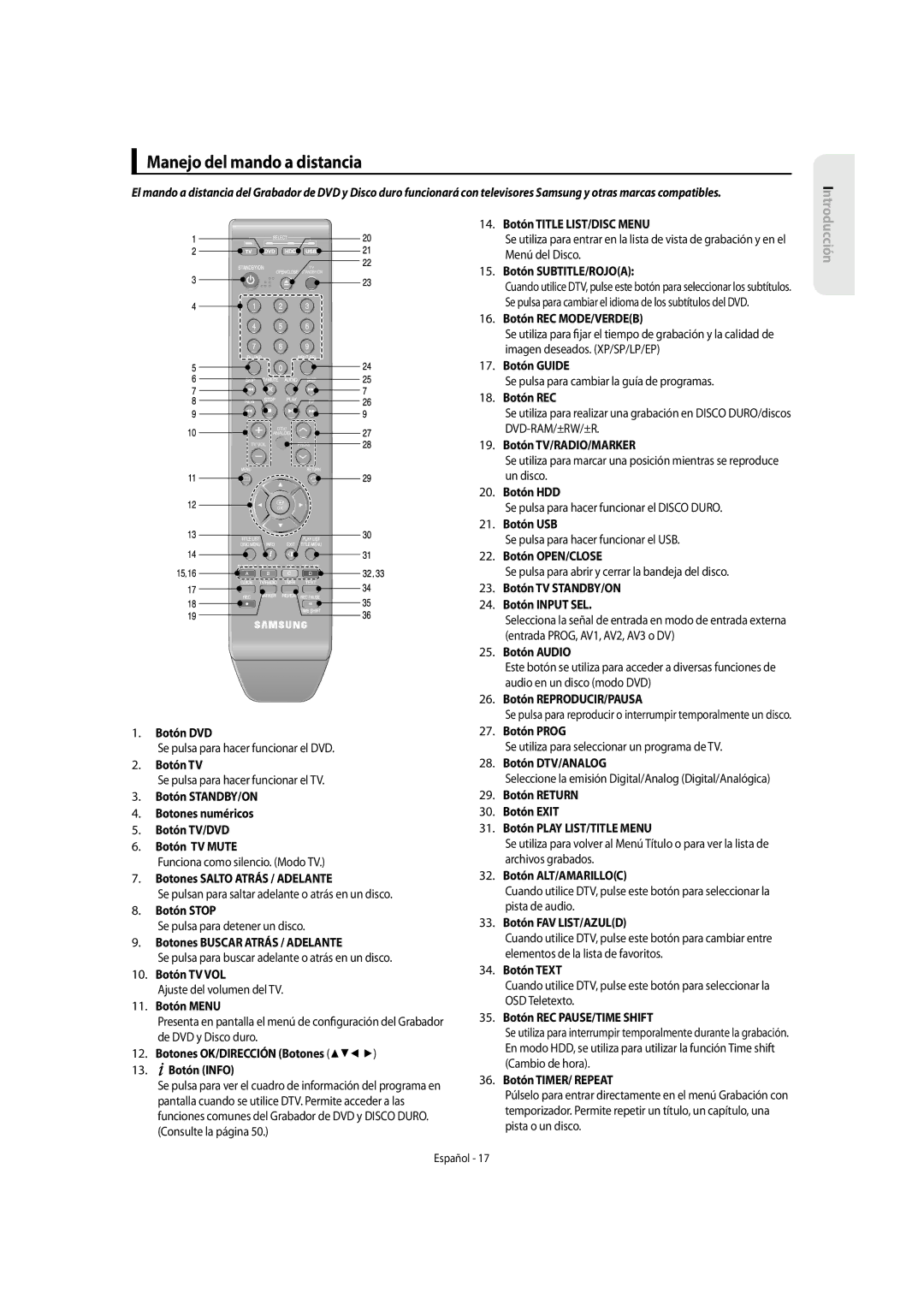 Samsung DVD-SH855/XEC manual Manejo del mando a distancia 