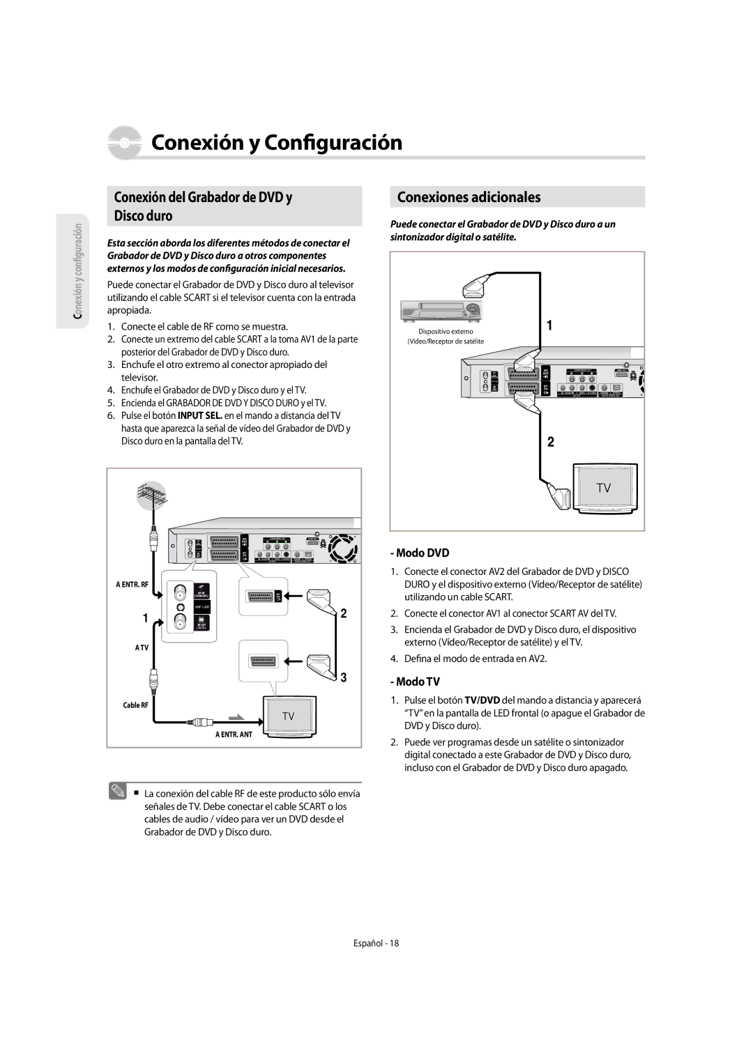 Samsung DVD-SH855/XEC manual Conexiones adicionales, Conexión del Grabador de DVD y, Modo DVD, Modo TV 