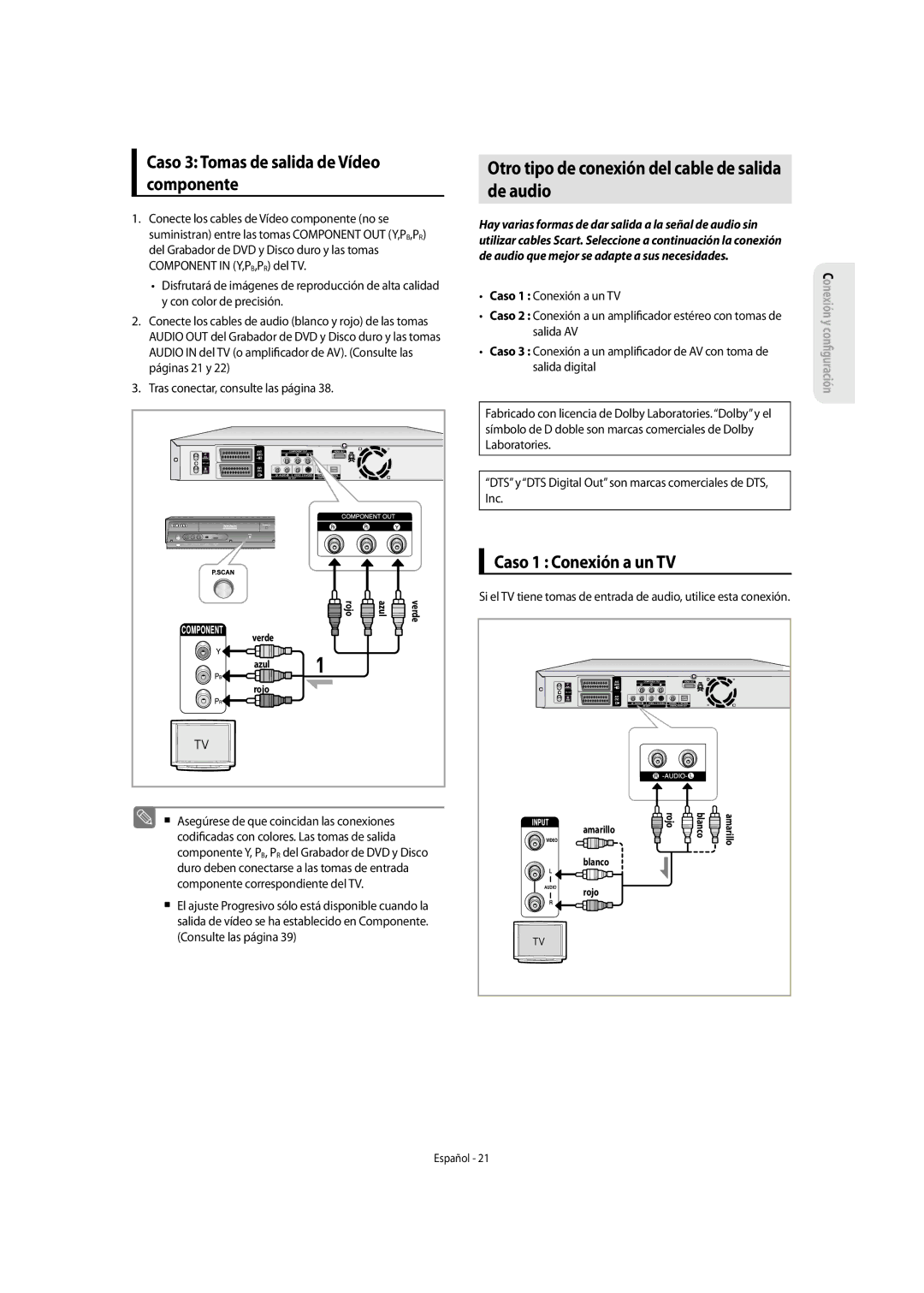 Samsung DVD-SH855/XEC manual Otro tipo de conexión del cable de salida De audio, Caso 3 Tomas de salida de Vídeo componente 