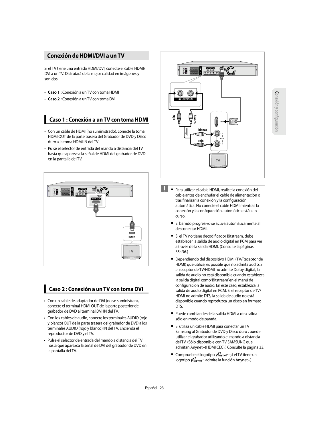 Samsung DVD-SH855/XEC manual Conexión de HDMI/DVI a un TV, Caso 2 Conexión a un TV con toma DVI 