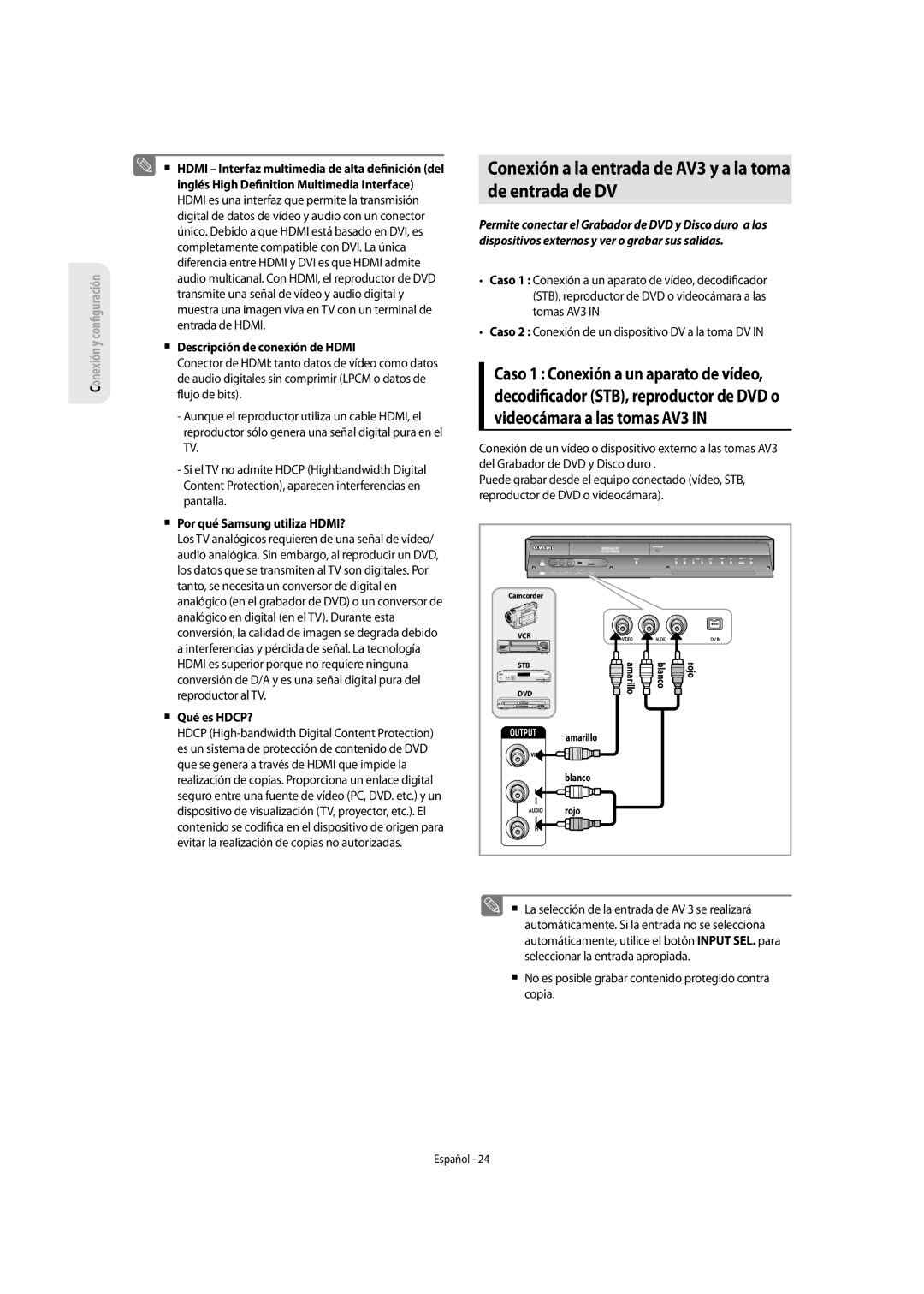 Samsung DVD-SH855/XEC manual De entrada de DV, Conexión a la entrada de AV3 y a la toma,  Por qué Samsung utiliza HDMI? 