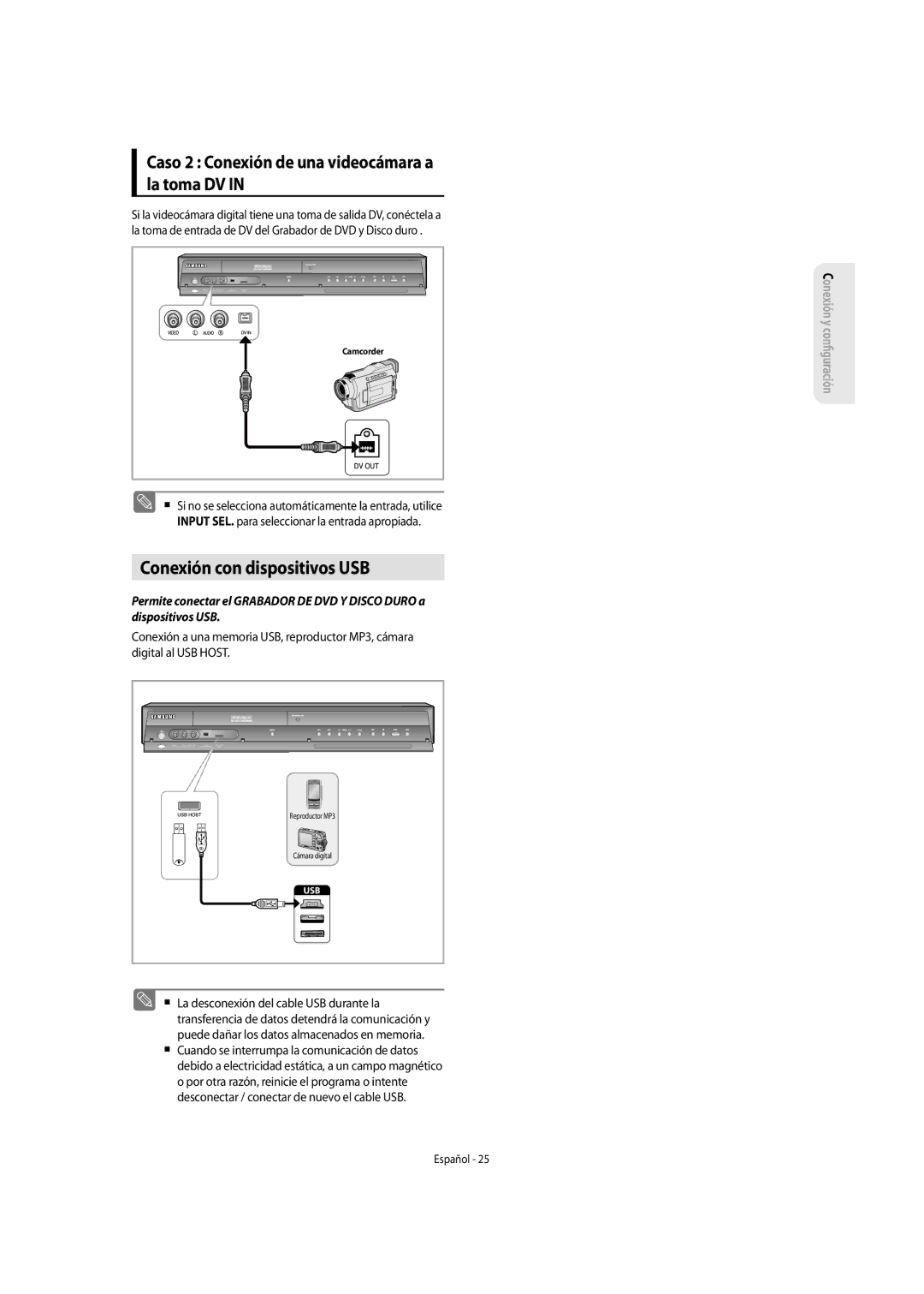 Samsung DVD-SH855/XEC manual Conexión con dispositivos USB, Caso 2 Conexión de una videocámara a la toma DV 