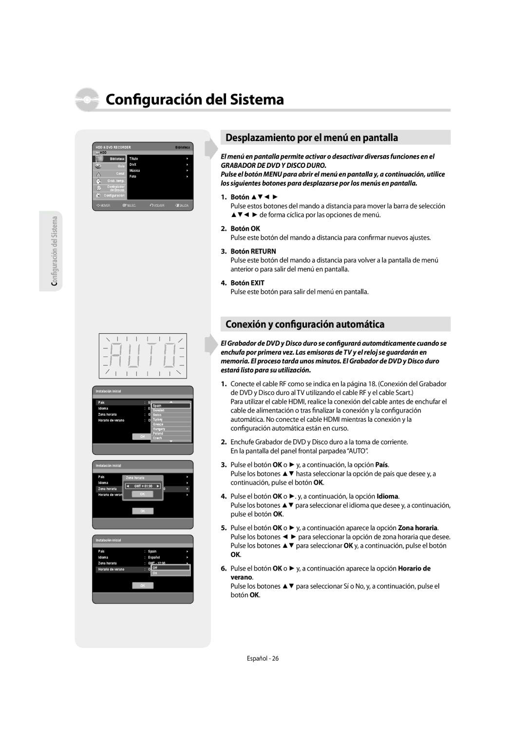 Samsung DVD-SH855/XEC manual Desplazamiento por el menú en pantalla, Conexión y con guración automática, Botón OK 