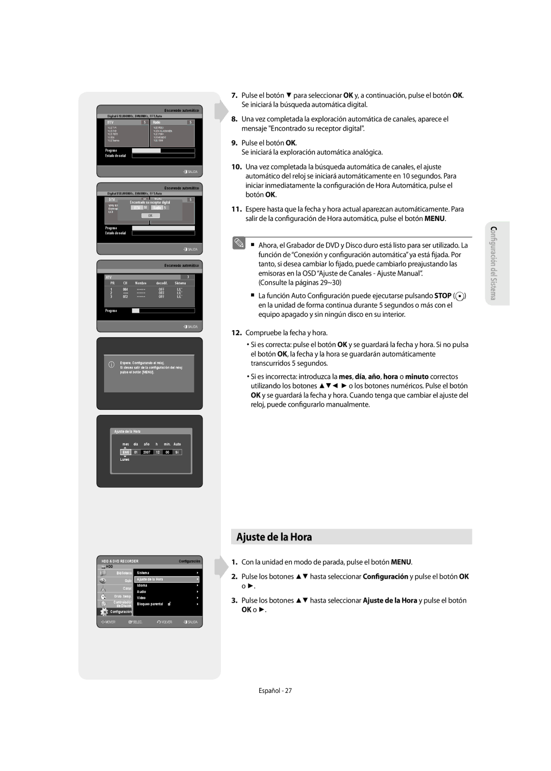 Samsung DVD-SH855/XEC manual Ajuste de la Hora, Dtv 