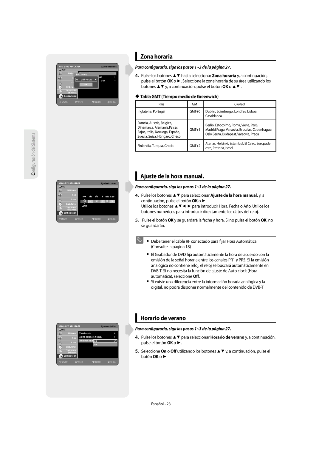 Samsung DVD-SH855/XEC Zona horaria, Ajuste de la hora manual, Horario de verano 