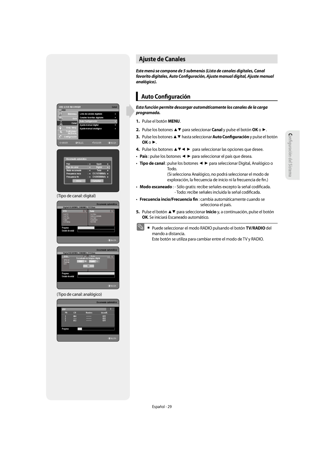 Samsung DVD-SH855/XEC manual Ajuste de Canales, Auto Con guración, Todo recibe señales incluida la señal codi cada 