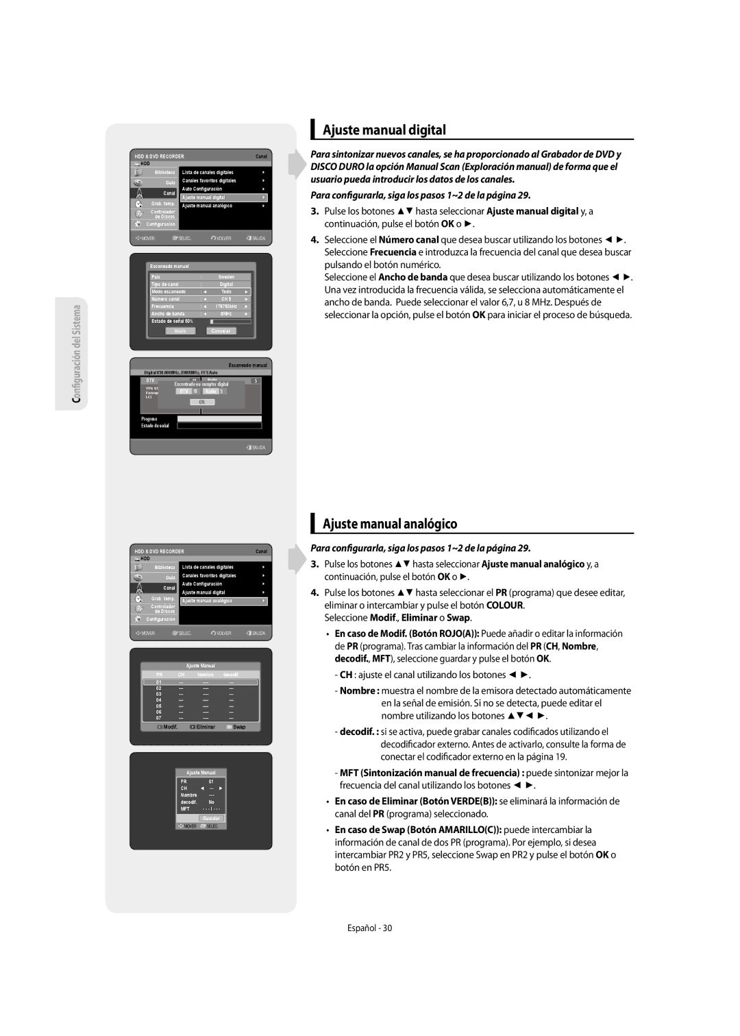 Samsung DVD-SH855/XEC Ajuste manual digital, Ajuste manual analógico, Para con gurarla, siga los pasos 1~2 de la página 