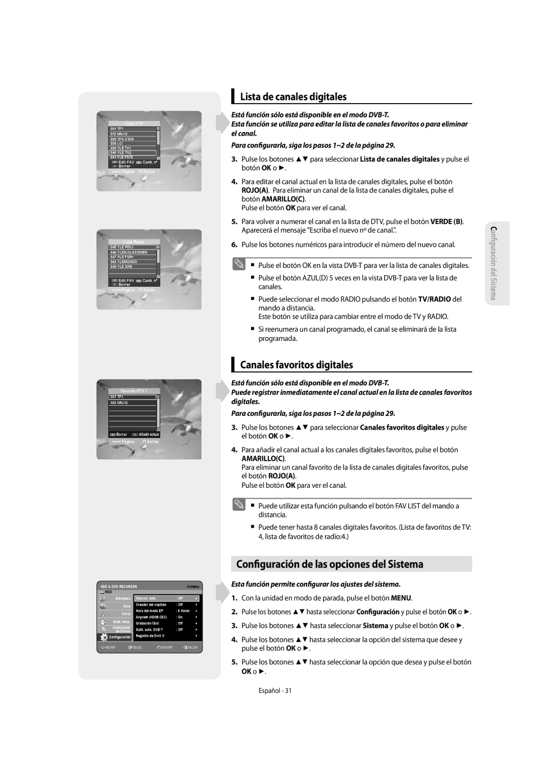 Samsung DVD-SH855/XEC Con guración de las opciones del Sistema, Lista de canales digitales, Canales favoritos digitales 