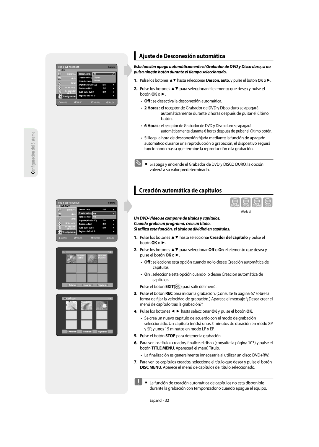 Samsung DVD-SH855/XEC manual Cvkl, Ajuste de Desconexión automática, Creación automática de capítulos 