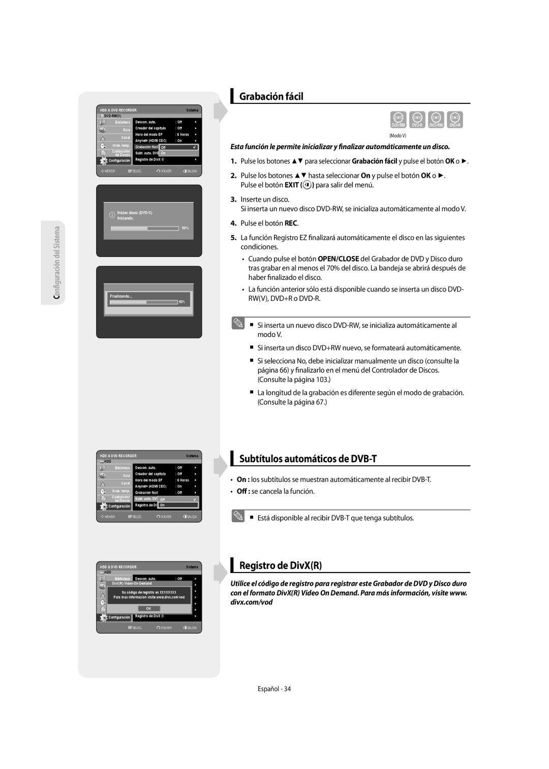 Samsung DVD-SH855/XEC manual Grabación fácil, Subtítulos automáticos de DVB-T, Registro de DivXR 