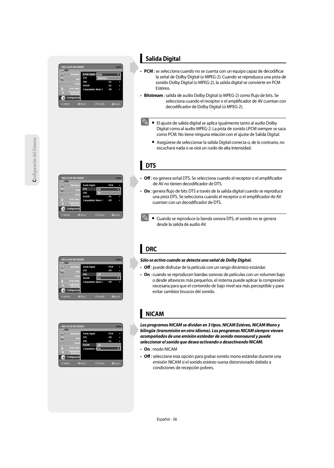 Samsung DVD-SH855/XEC manual Salida Digital, Sólo se activa cuando se detecta una señal de Dolby Digital 