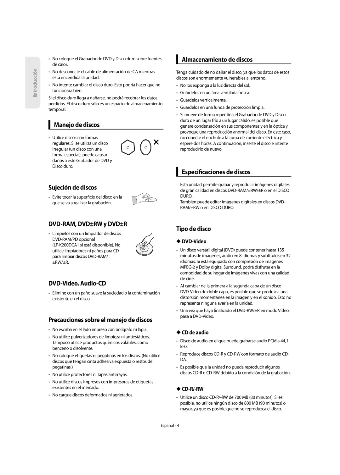 Samsung DVD-SH855/XEC manual Manejo de discos, Sujeción de discos, Almacenamiento de discos, Especi caciones de discos 