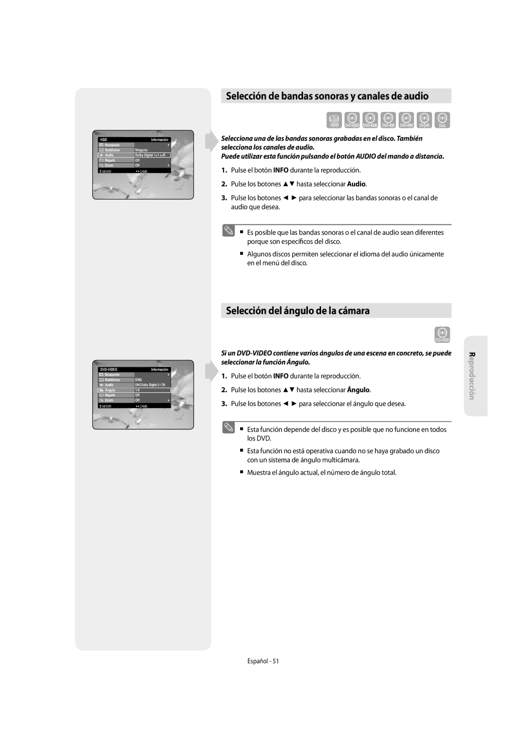 Samsung DVD-SH855/XEC manual Szxckld, Selección de bandas sonoras y canales de audio, Selección del ángulo de la cámara 