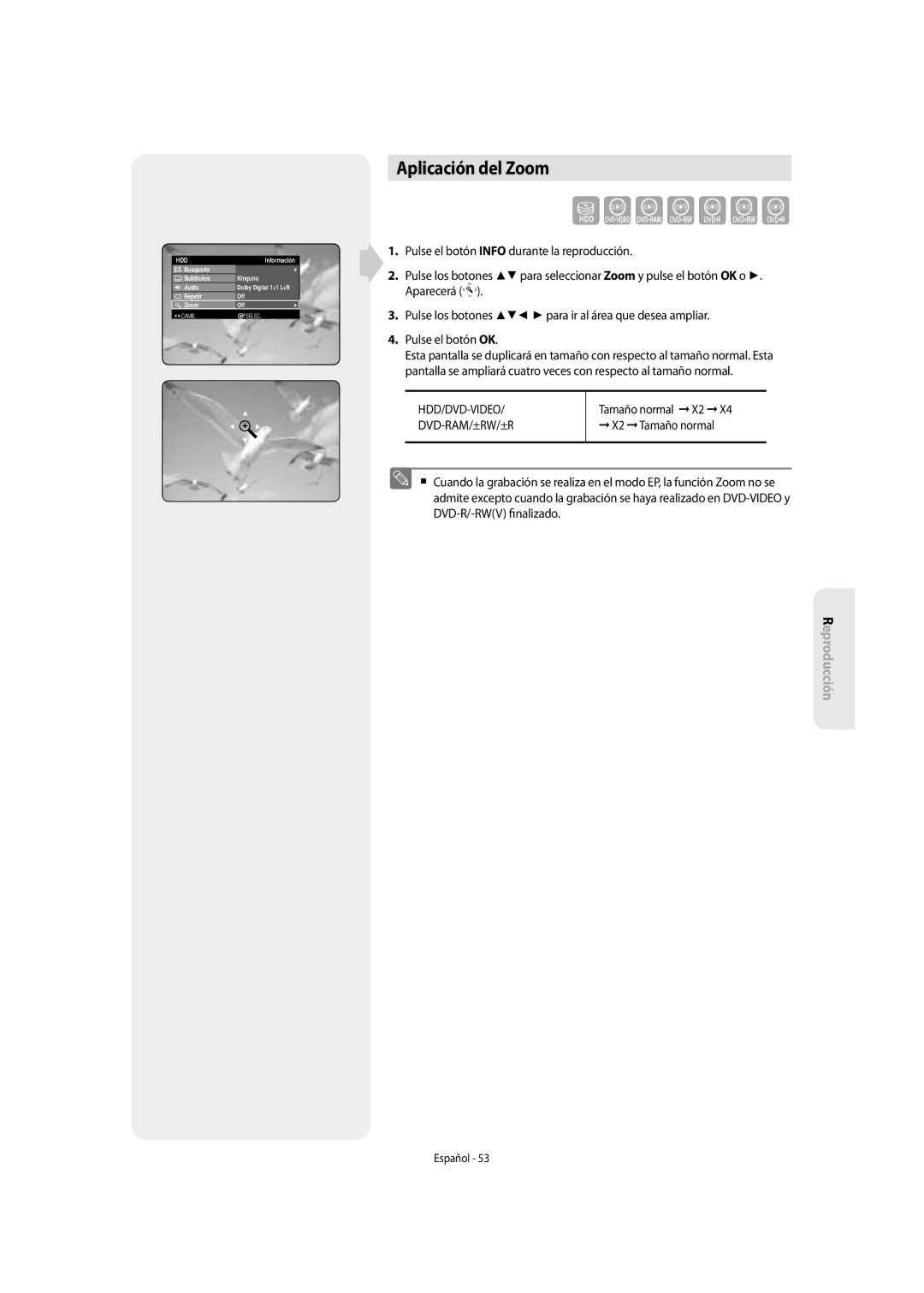 Samsung DVD-SH855/XEC manual Aplicación del Zoom, Hdd/Dvd-Video, Tamaño normal X2, X2 Tamaño normal 