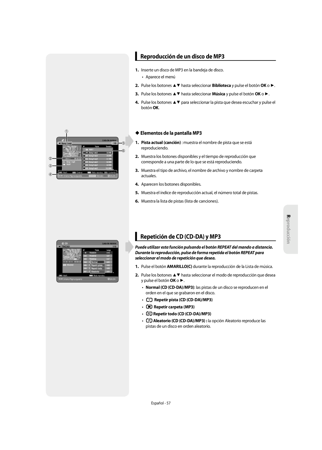 Samsung DVD-SH855/XEC manual Reproducción de un disco de MP3, Repetición de CD CD-DA y MP3, Elementos de la pantalla MP3 