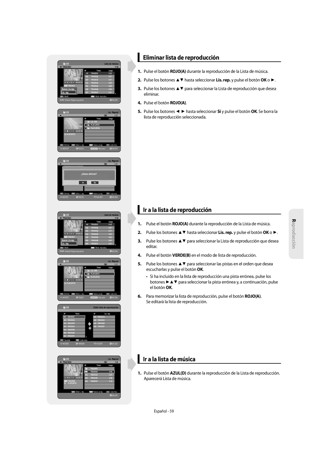 Samsung DVD-SH855/XEC manual Eliminar lista de reproducción, Ir a la lista de reproducción, Ir a la lista de música, Editar 