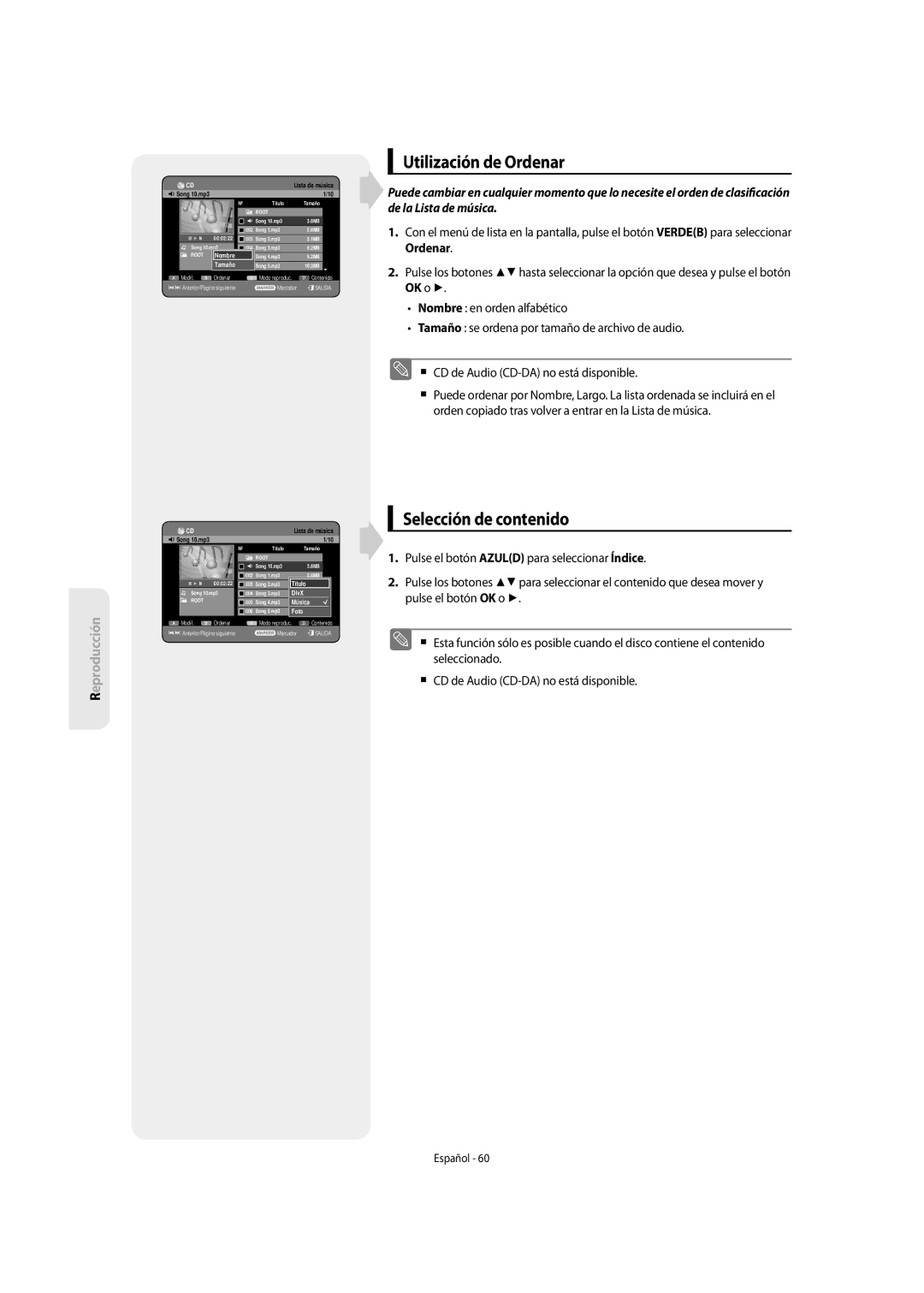 Samsung DVD-SH855/XEC manual Utilización de Ordenar, Selección de contenido 