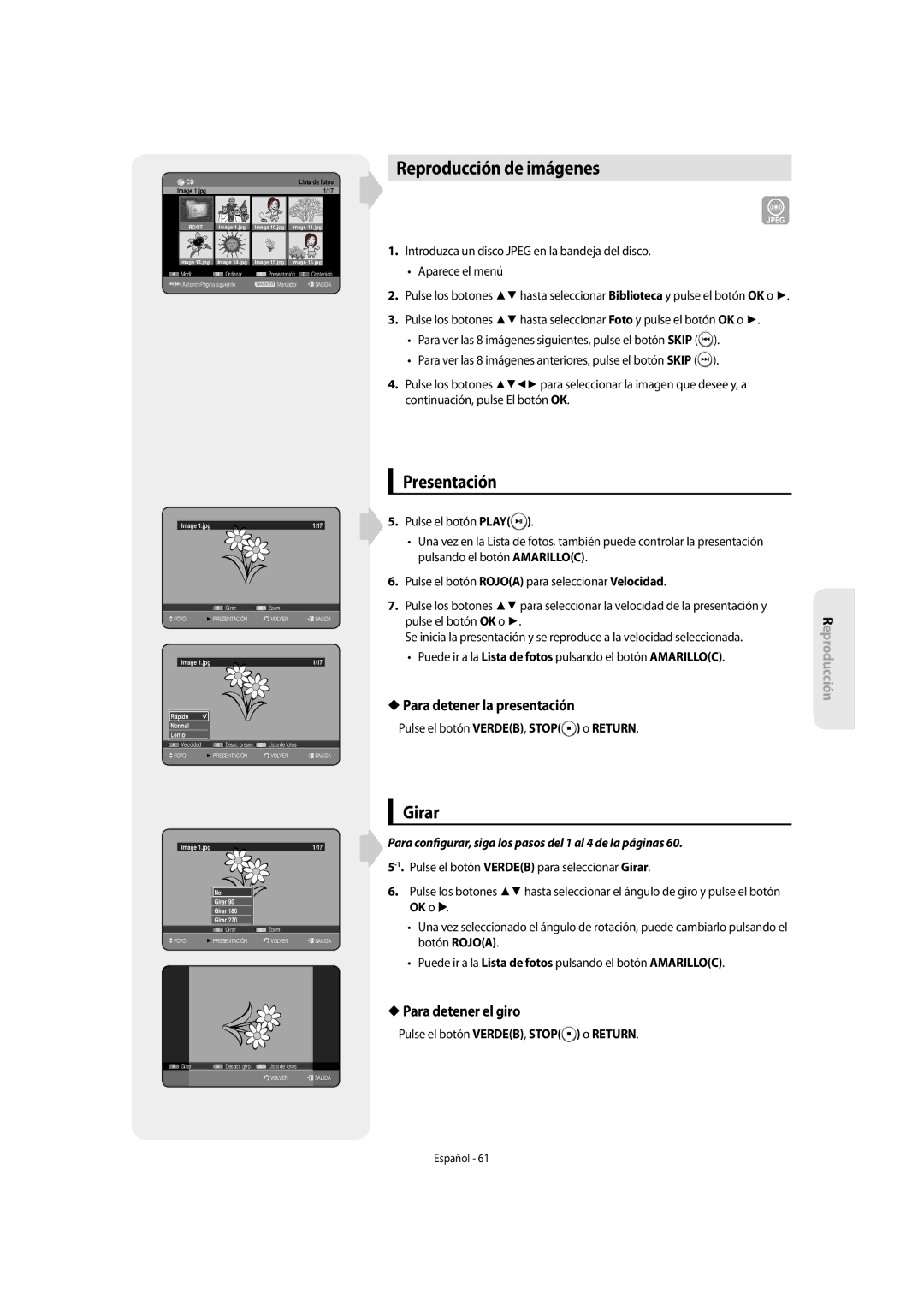 Samsung DVD-SH855/XEC Reproducción de imágenes, Presentación, Girar, Para detener la presentación, Para detener el giro 