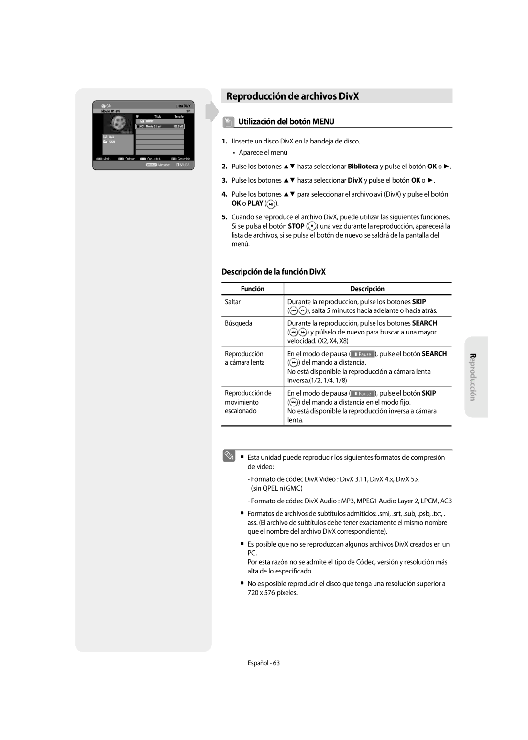 Samsung DVD-SH855/XEC manual Reproducción de archivos DivX, Descripción de la función DivX, Función Descripción 