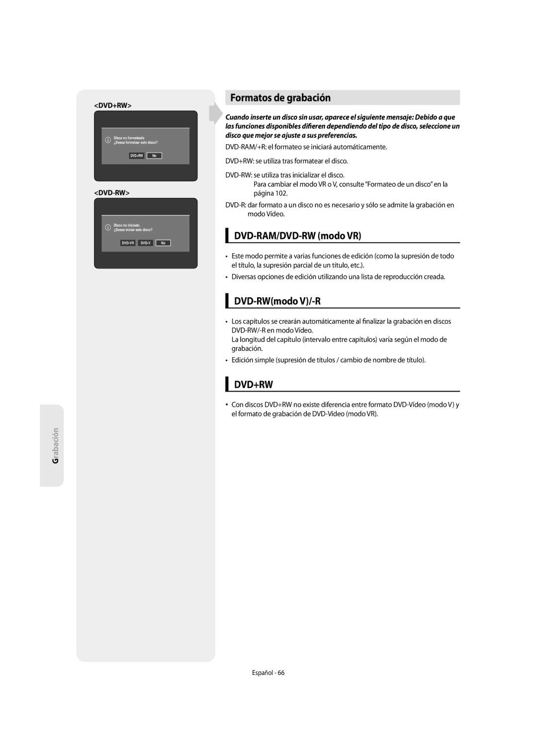 Samsung DVD-SH855/XEC manual Formatos de grabación, DVD-RAM/DVD-RW modo VR, DVD-RWmodo V/-R, Dvd+Rw, Dvd-Rw 