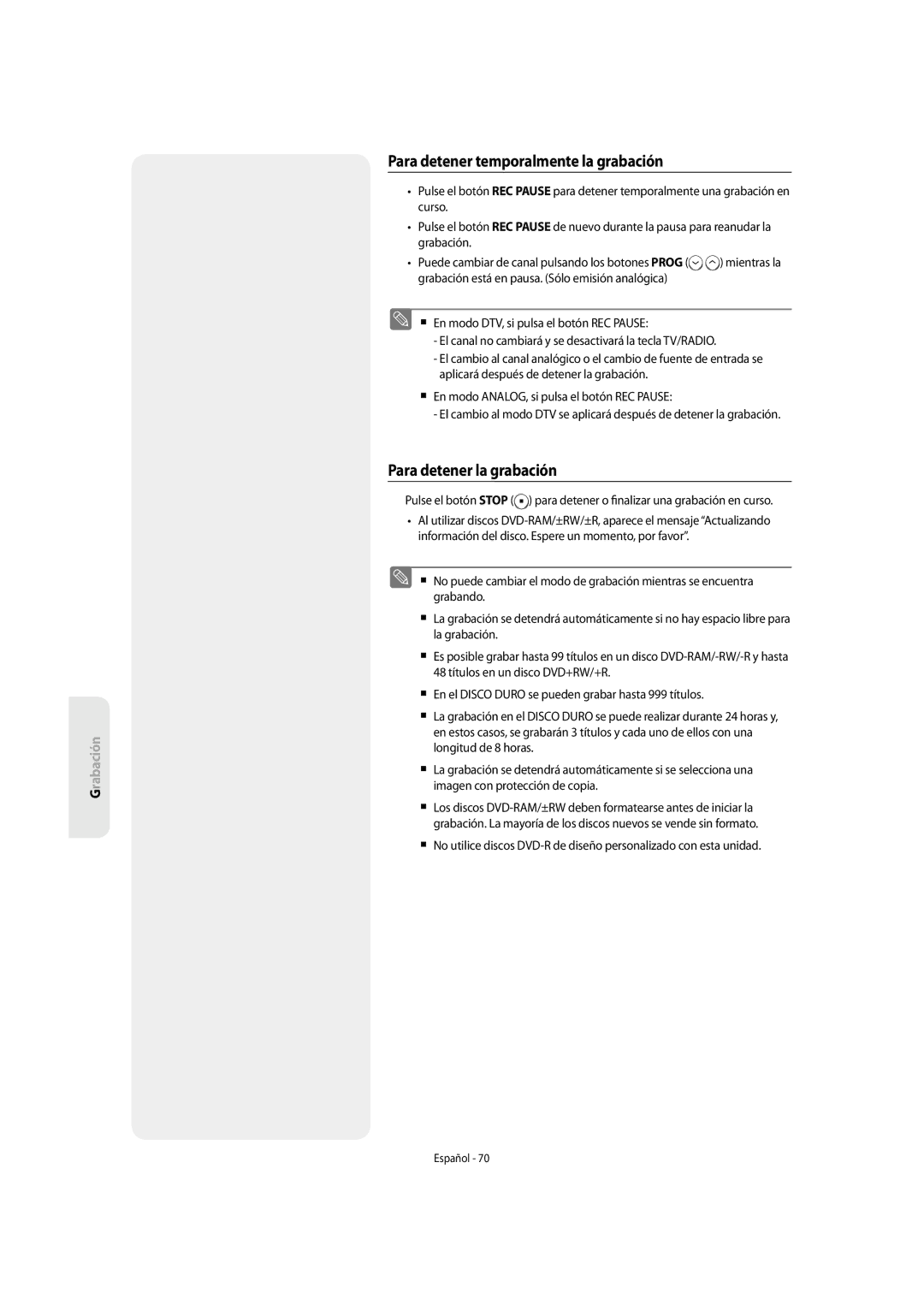 Samsung DVD-SH855/XEC manual Para detener temporalmente la grabación, Para detener la grabación 