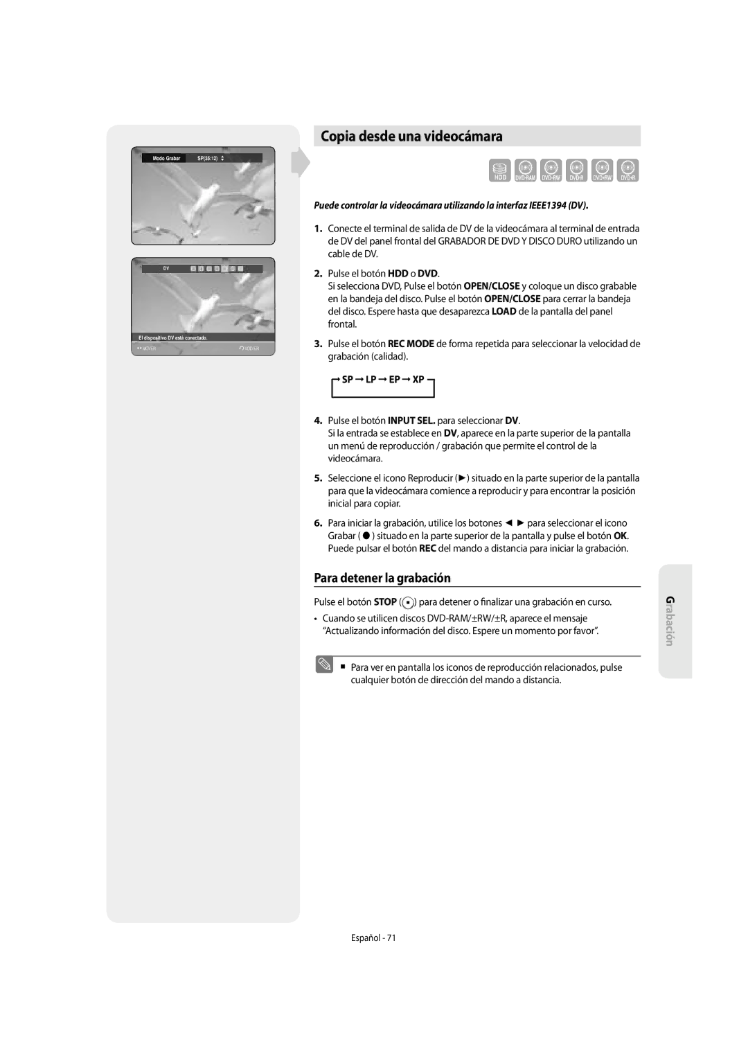 Samsung DVD-SH855/XEC manual Copia desde una videocámara 