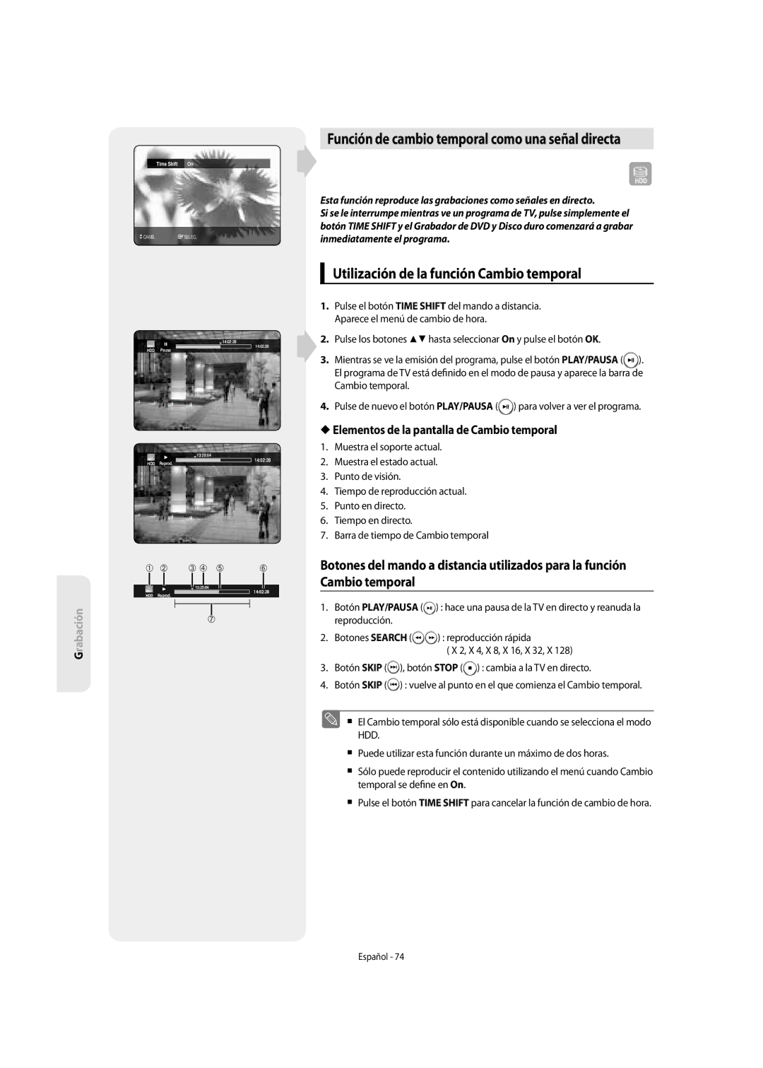 Samsung DVD-SH855/XEC manual Función de cambio temporal como una señal directa, Utilización de la función Cambio temporal 