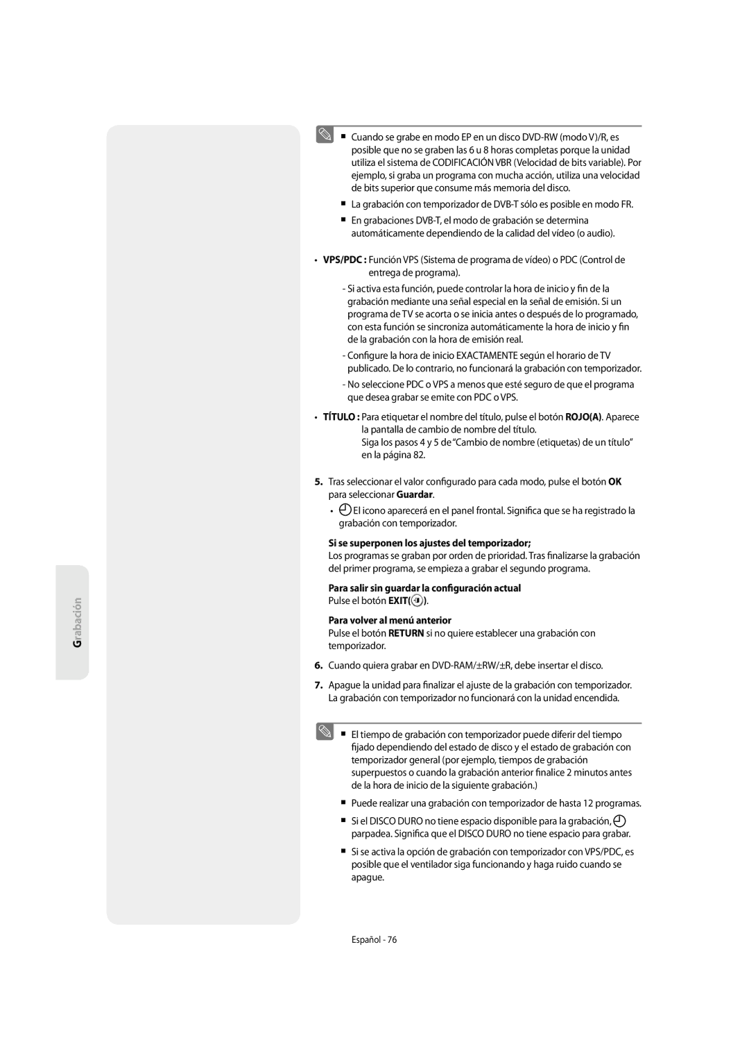 Samsung DVD-SH855/XEC manual Si se superponen los ajustes del temporizador, Para salir sin guardar la con guración actual 