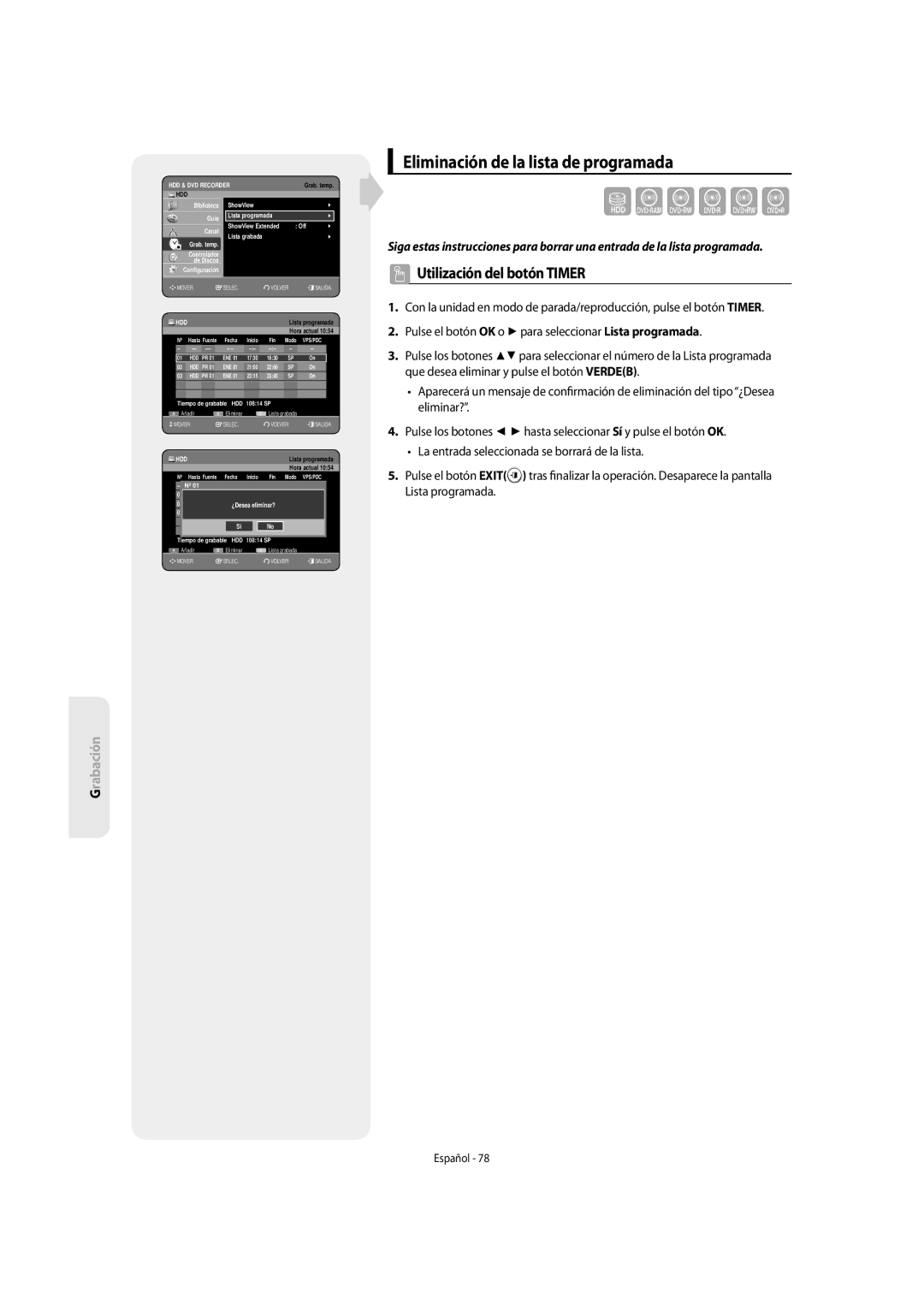 Samsung DVD-SH855/XEC manual Sxcvkl, Eliminación de la lista de programada 