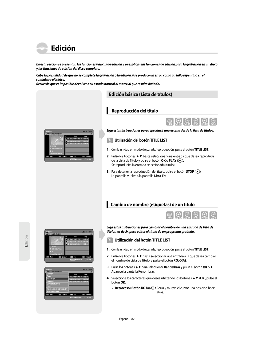 Samsung DVD-SH855/XEC Edición básica Lista de títulos, Reproducción del título, Cambio de nombre etiquetas de un título 