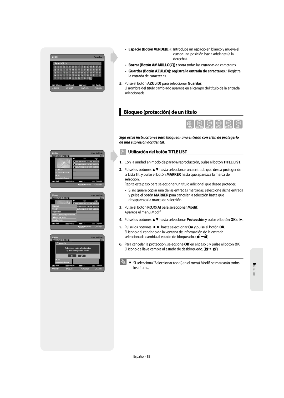 Samsung DVD-SH855/XEC manual Bloqueo protección de un título, Los títulos Español 