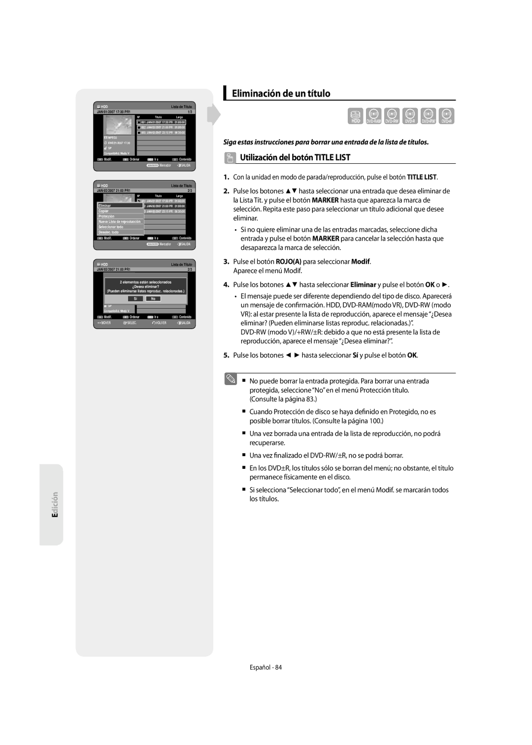 Samsung DVD-SH855/XEC manual Eliminación de un título, ¿Desea eliminar? 