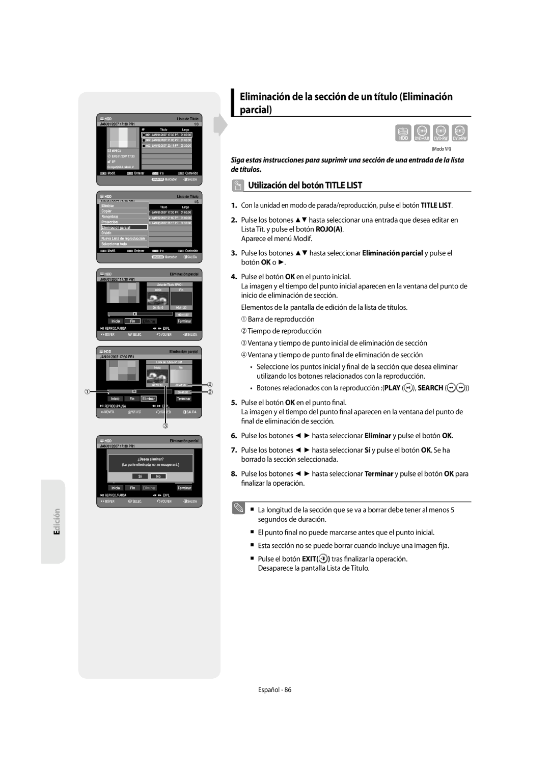 Samsung DVD-SH855/XEC manual Sxck, Eliminación de la sección de un título Eliminación parcial 