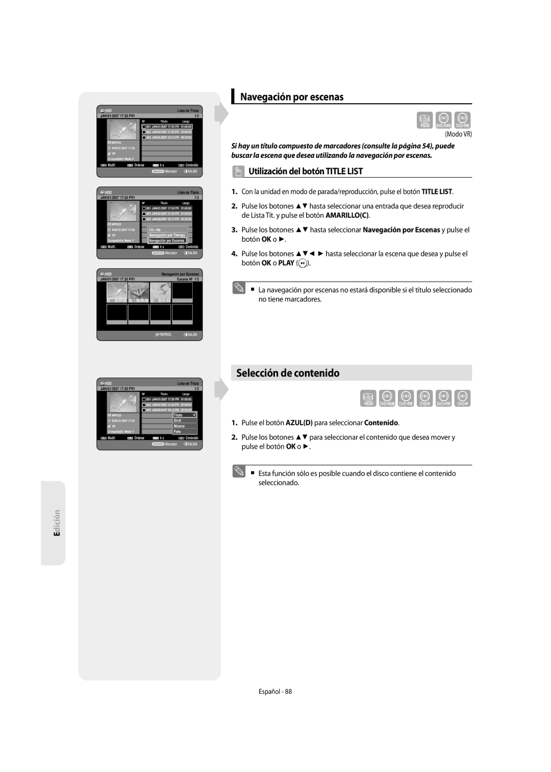 Samsung DVD-SH855/XEC manual Selección de contenido, Navegación por escenas 