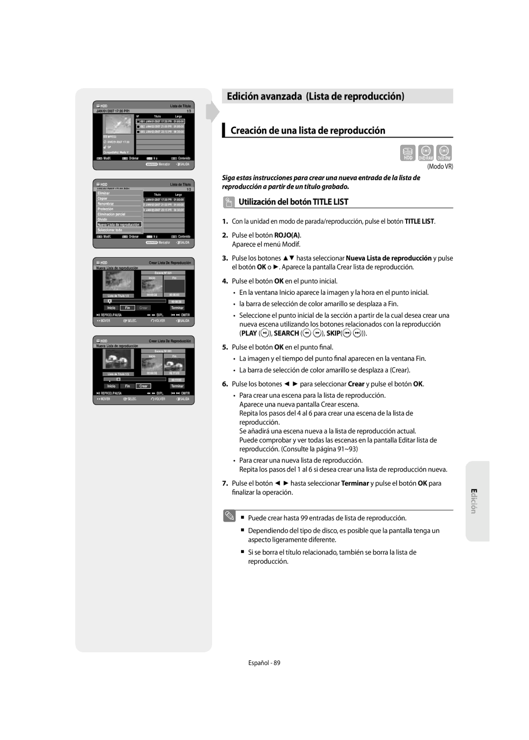 Samsung DVD-SH855/XEC Edición avanzada Lista de reproducción, Creación de una lista de reproducción, Play , Search , Skip 