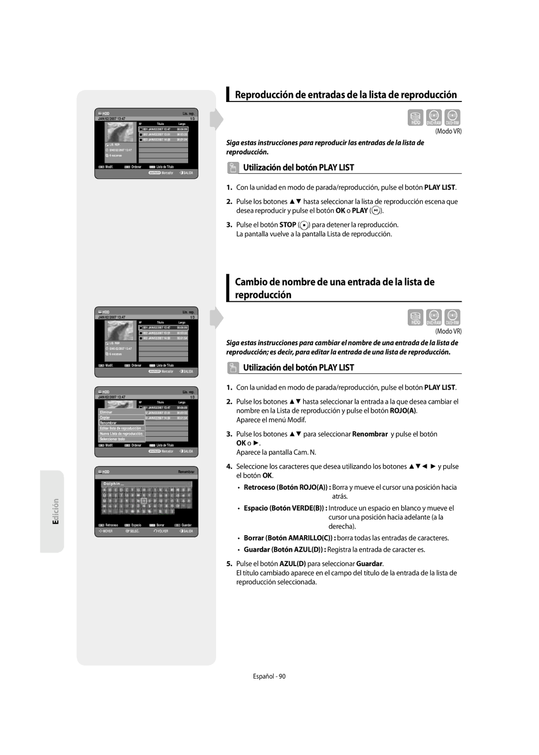 Samsung DVD-SH855/XEC manual Cambio de nombre de una entrada de la lista de reproducción 