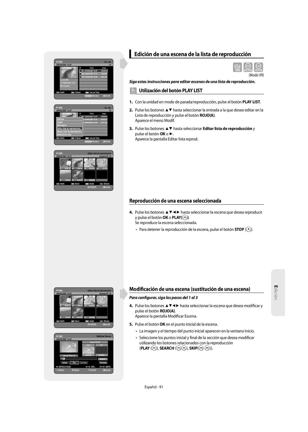 Samsung DVD-SH855/XEC manual Edición de una escena de la lista de reproducción, Reproducción de una escena seleccionada 