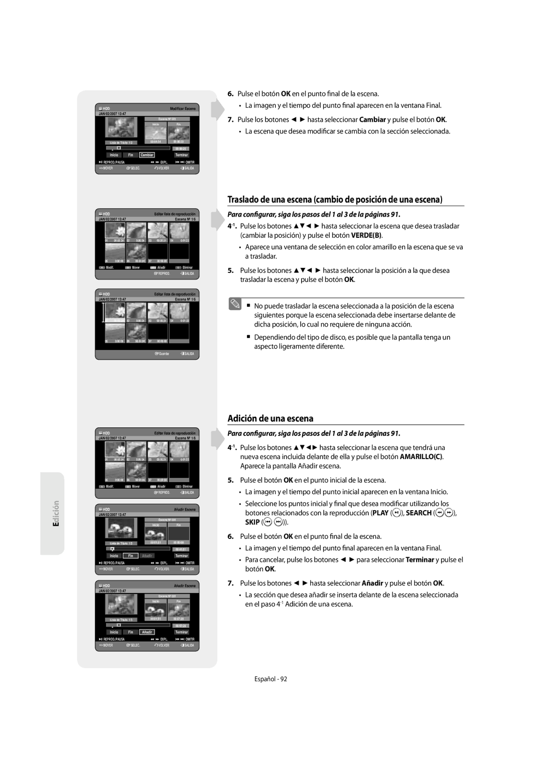 Samsung DVD-SH855/XEC manual Adición de una escena, Traslado de una escena cambio de posición de una escena, Search Skip 