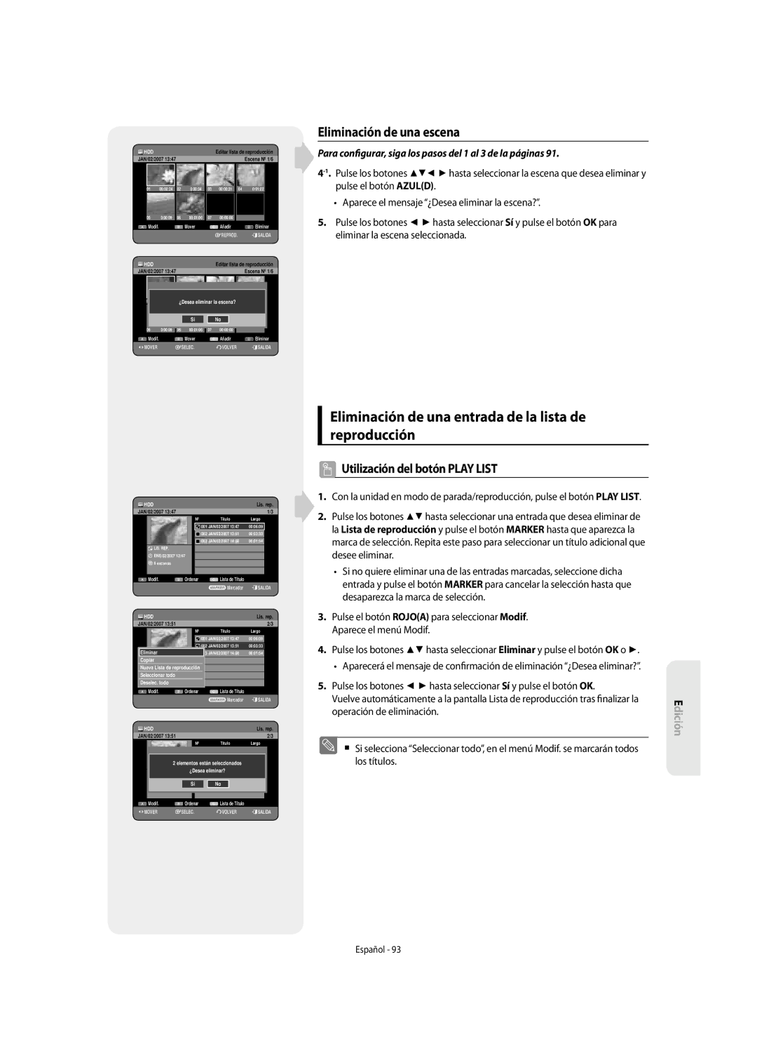 Samsung DVD-SH855/XEC manual Eliminación de una entrada de la lista de reproducción, Eliminación de una escena 