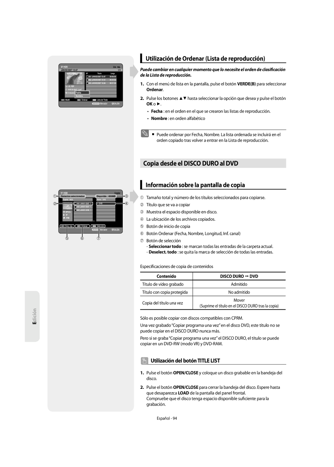 Samsung DVD-SH855/XEC manual Copia desde el Disco Duro al DVD, Utilización de Ordenar Lista de reproducción, Contenido 