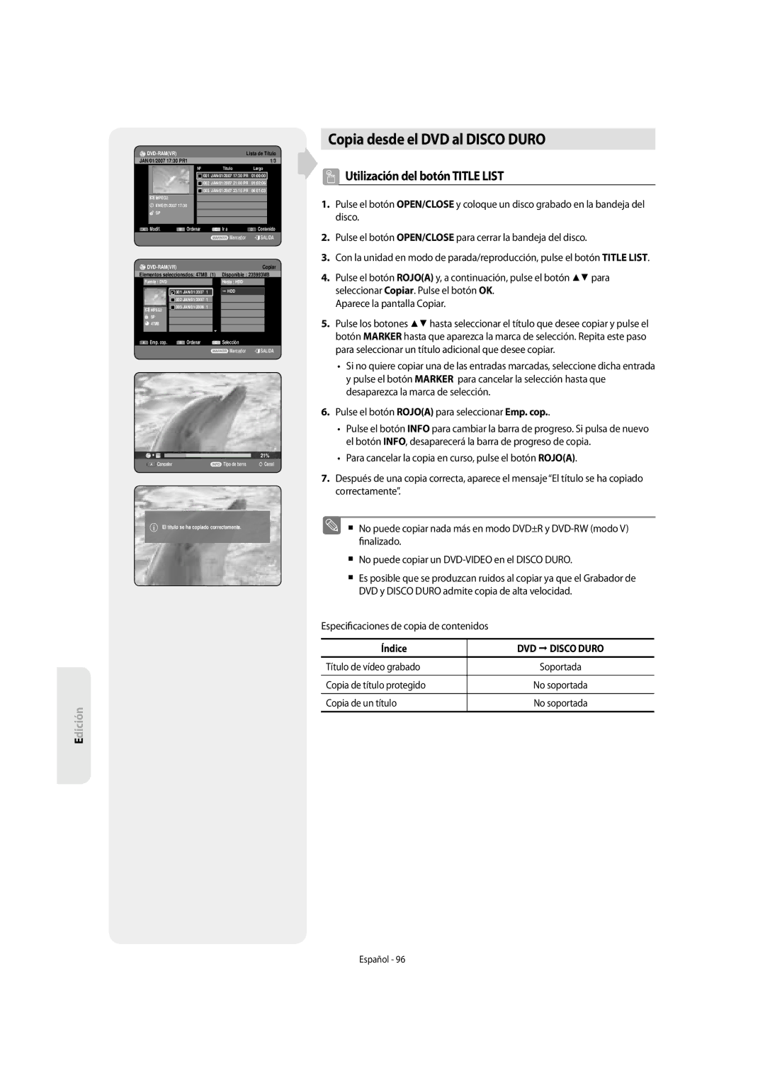 Samsung DVD-SH855/XEC manual Copia desde el DVD al Disco Duro, DVD Disco Duro, Copia de título protegido 