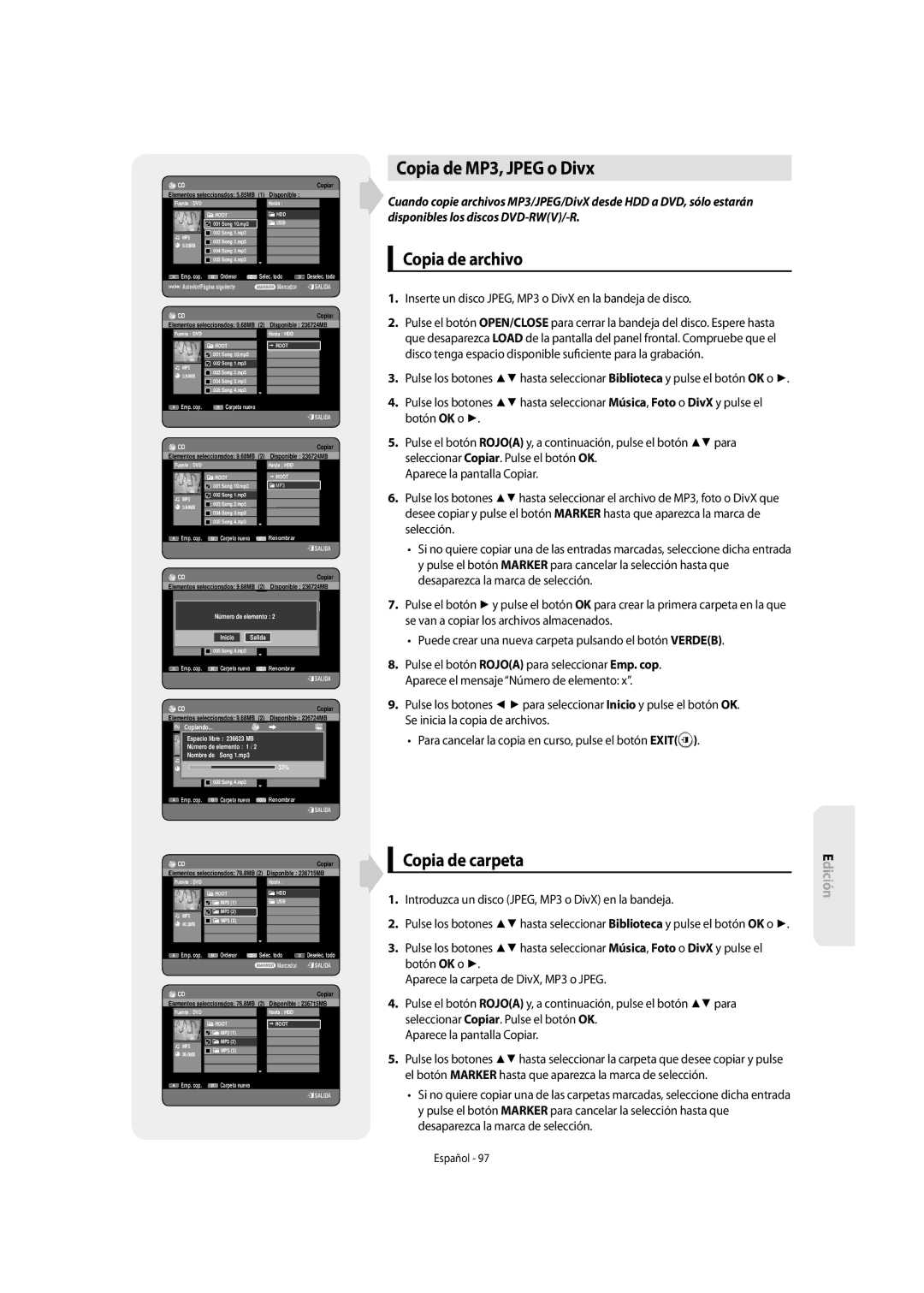 Samsung DVD-SH855/XEC manual Copia de MP3, Jpeg o Divx, Copia de archivo, Copia de carpeta 