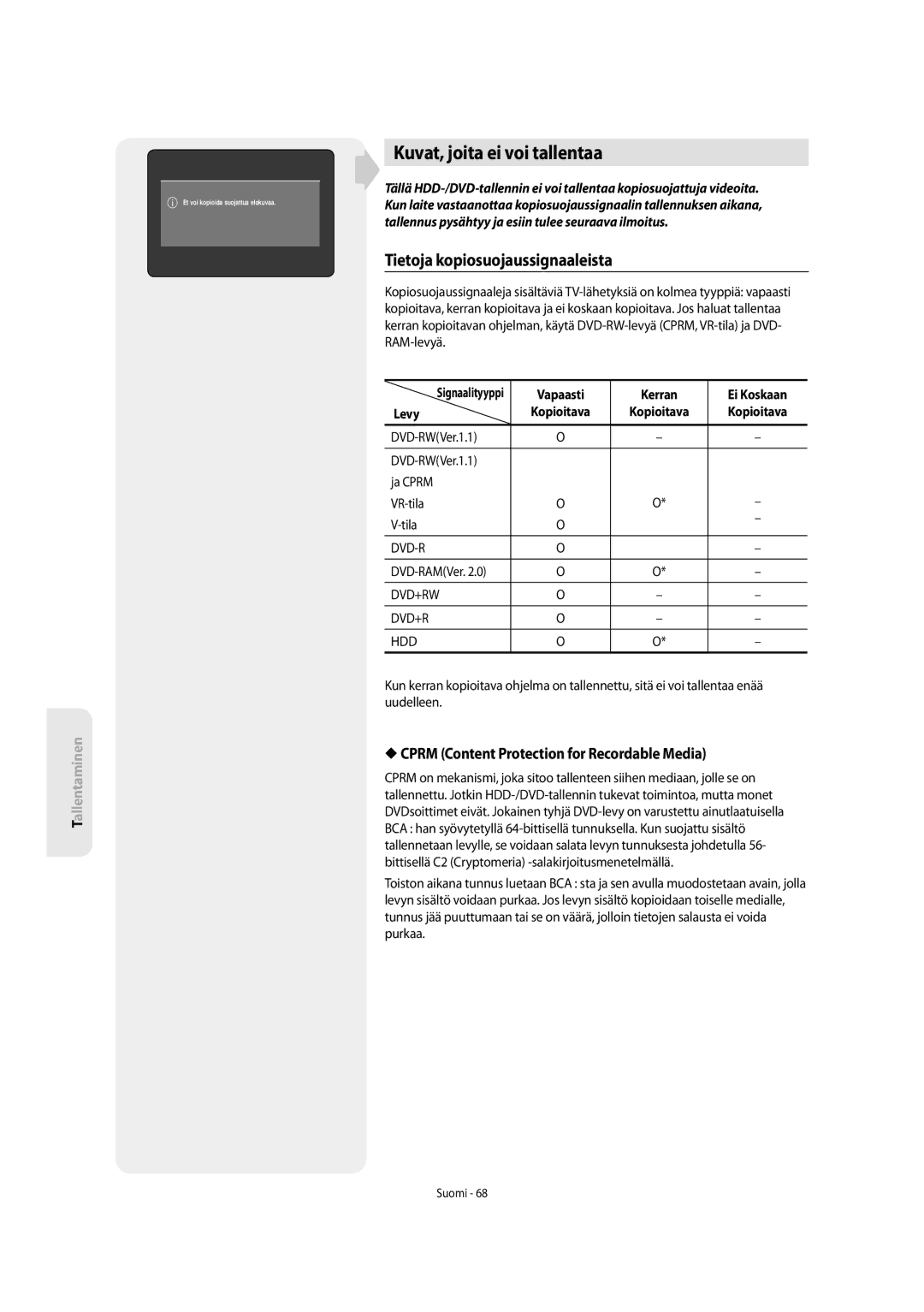 Samsung DVD-SH855/XEE manual Kuvat, joita ei voi tallentaa, Cprm Content Protection for Recordable Media 