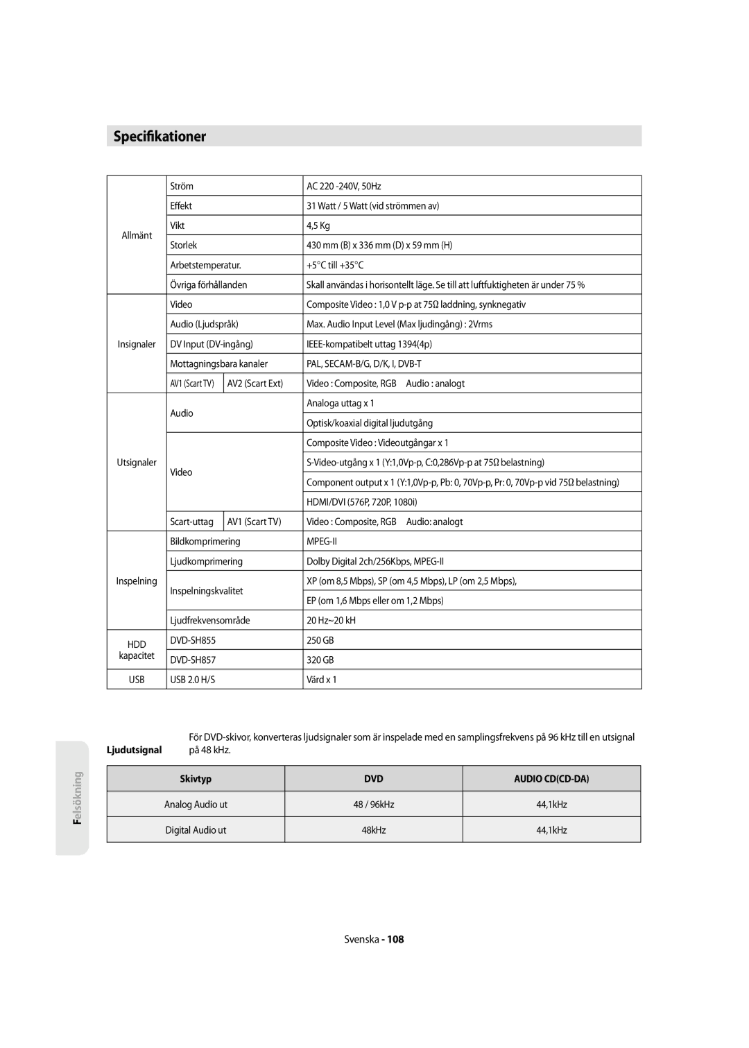 Samsung DVD-SH855/XEE manual Speci kationer, Pal, Secam-B/G, D/K, I, Dvb-T, Mpeg-Ii, DVD-SH857 