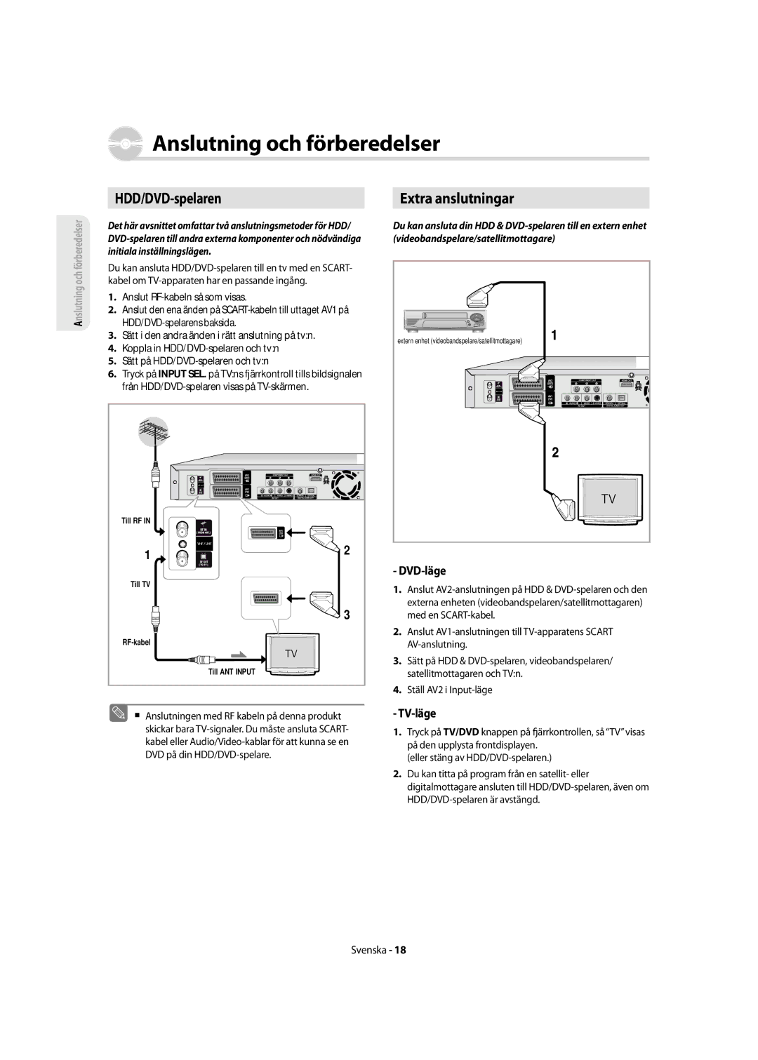 Samsung DVD-SH855/XEE manual DVD-läge, TV-läge, Videobandspelare/satellitmottagare, Initiala inställningslägen 