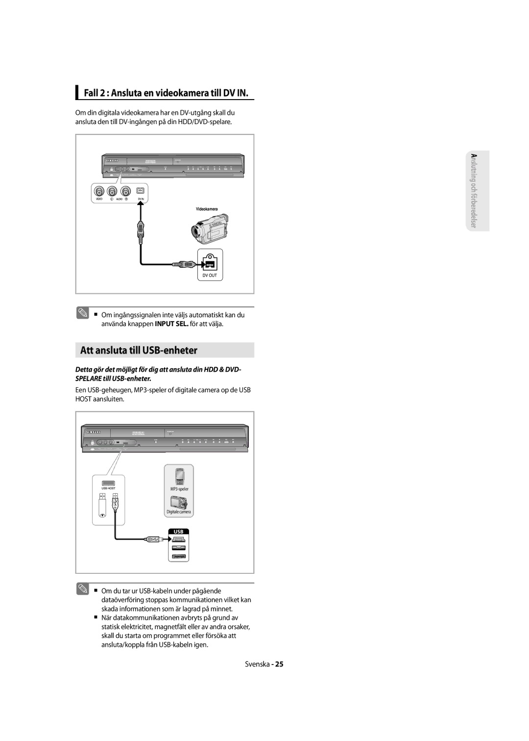 Samsung DVD-SH855/XEE manual Att ansluta till USB-enheter, Fall 2 Ansluta en videokamera till DV 