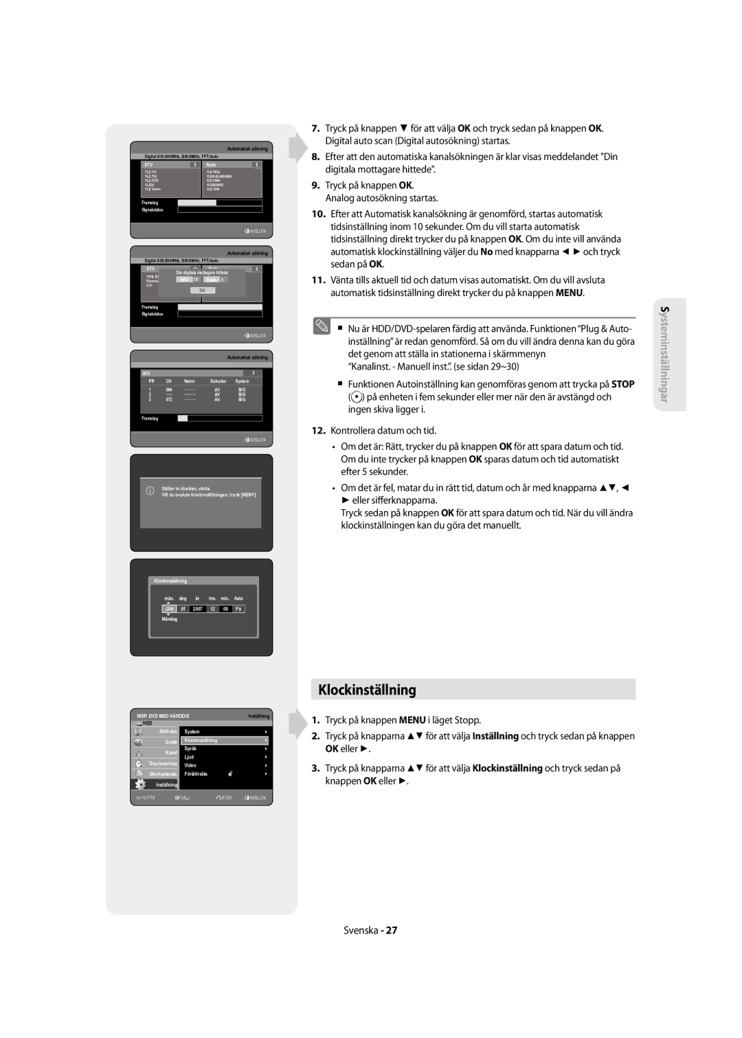 Samsung DVD-SH855/XEE manual Klockinställning, Dtv 