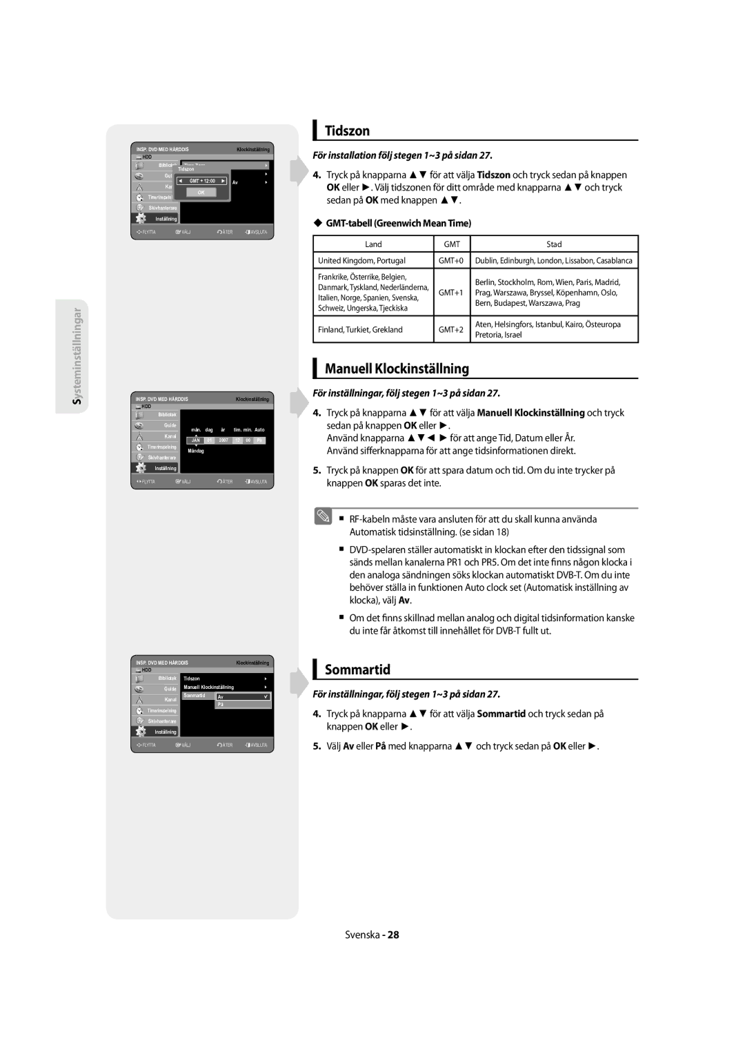 Samsung DVD-SH855/XEE manual Tidszon, Manuell Klockinställning, Sommartid, För installation följ stegen 1~3 på sidan 